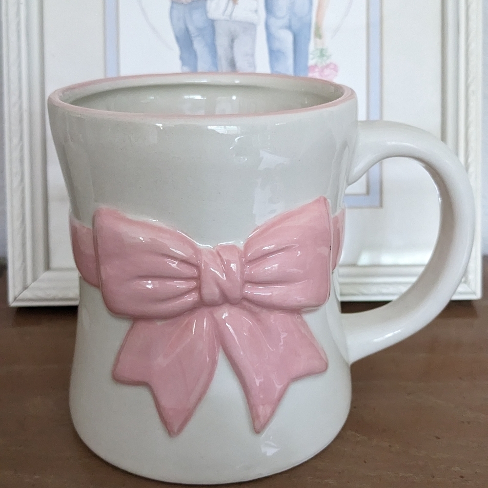 Pink Cream Mug Pink Ribbon Bow Cottagecore Girlhoodcore Feminine Coffee Tea